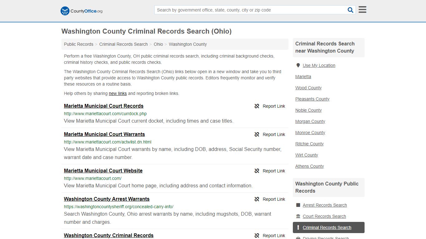 Washington County Criminal Records Search (Ohio) - County Office